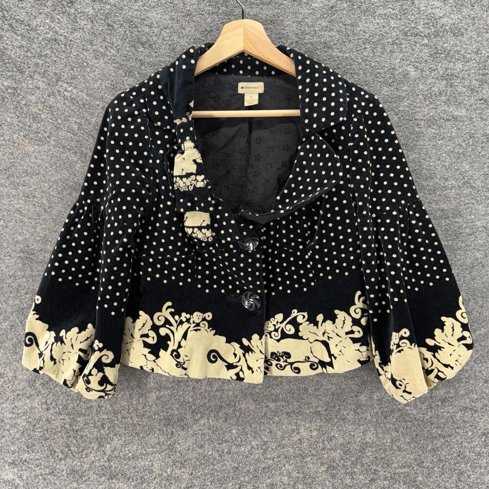 Elevenses Blazer Women 0 Black Polka Dot Button Up Collared Long Sleeve Cotton